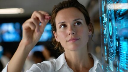 Tech-Savvy Professional: A focused female tech expert, captivated by intricate digital interface, symbolizes innovation and technological advancement.