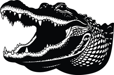 Aggressive alligator or crocodile head with wide open mouth vector illustration, showing danger, threat, predator, wildlife, power, jaws, attack, and fierce wild animal concept graphic