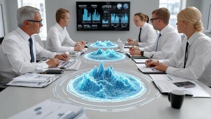 Business Meeting with Digital Display: A dynamic business meeting unfolds, centered around a futuristic table, with colleagues attentively gathered around and digital projection. - Powered by Adobe