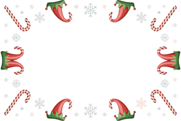 Festive christmas frame with elf hats, candy canes, and snowflakes isolated on transparent background