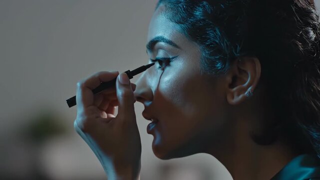 Woman applying eyeliner in different stages of makeup for beauty tutorial. Profile view of cosmetic use for eyes.