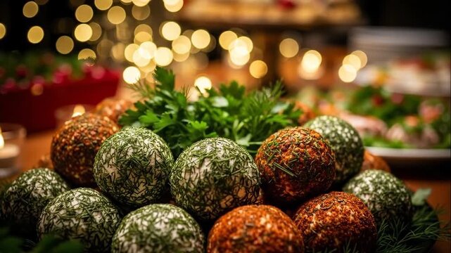 Assortment of cheese balls rolled in herbs and spices, a festive appetizer for a holiday party