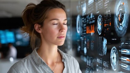 Tech Visionary: A focused individual studies intricate data on a transparent screen, her face serene with deep concentration. - Powered by Adobe