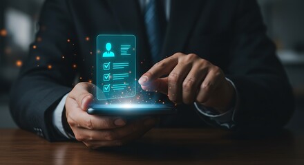 Future of HR and Onboarding Professional interacting with a glowing digital resume, job application, or employee profile system on a phone