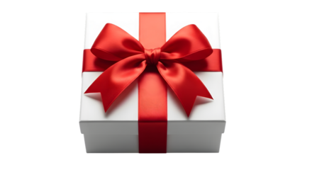 White gift box with elegant red ribbon bow, a special gift isolated on transparent background