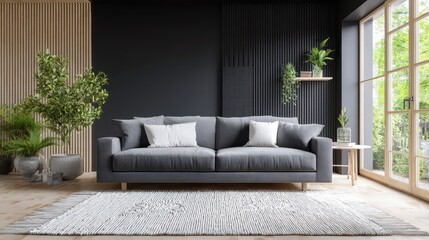 Fototapeta premium Minimalist lounge featuring a gray sofa, white rug, and a window with shutters in a calm neutral space
