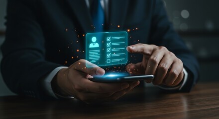 Digital Profile Management Businessman using a mobile device to review and complete a secure online form or personal data checklist
