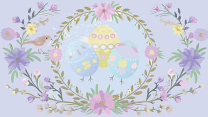 Whimsical easter illustration featuring decorated eggs and a bird amidst a floral wreath with pastel colors and a soft textured background for a festive spring celebration