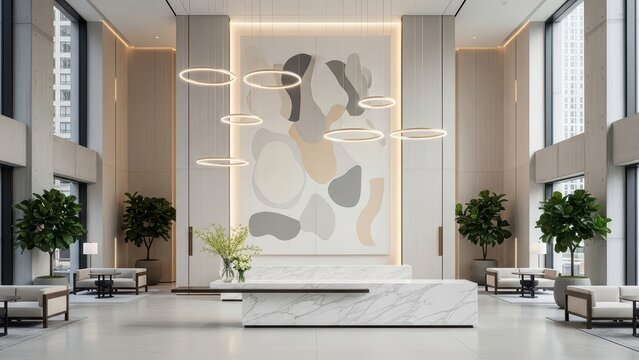 Modern elegance in contemporary hotel lobby design with abstract art and stylish lighting