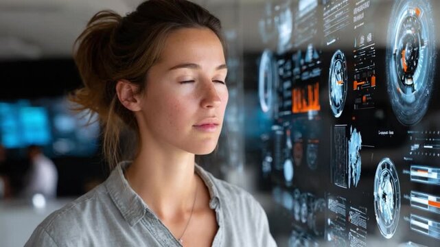 Tech Visionary: A focused individual studies intricate data on a transparent screen, her face serene with deep concentration.