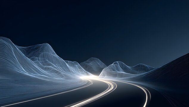 Abstract futuristic digital landscape with glowing mountain peaks and a winding road illuminated by bright vehicle light trails under a deep night sky - Powered by Adobe