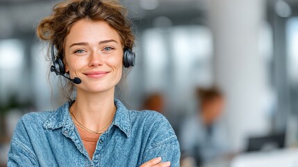 Friendly customer service representative with headset ready to assist clients in a modern office environment, offering professional and reliable support now