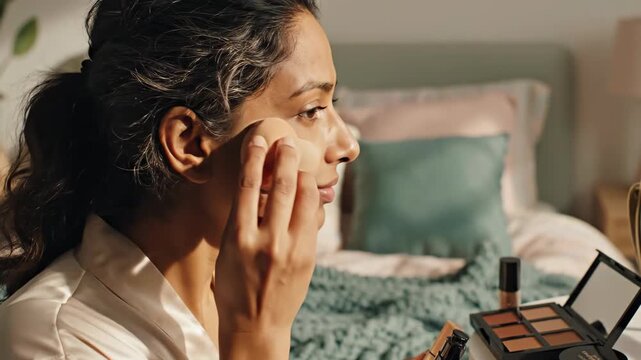 Woman applying foundation and enjoying skin care routine in bedroom. Daily makeup process for beauty and self care concept.