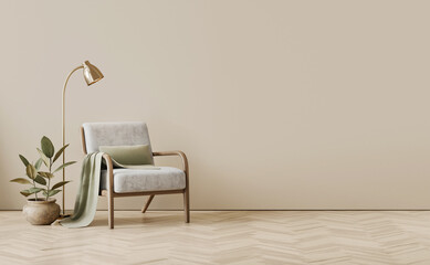 Simple and modern living room with mid-century armchair, floor lamp and  house plant in rough ceramic pot. Cozy and comfortable home design. Warm beige empty interior wall background. 3D render.