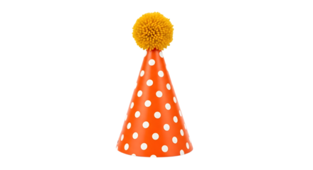 Orange party hat with white polka dots and pom-pom isolated on transparent background