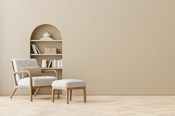 Trendy modern living room with mid-century armchair and arched built-in niche with decorated shelves. Cozy and comfortable home design. Beige empty interior wall background. 3D render. © marina_dikh