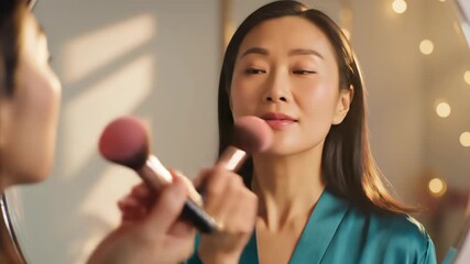 Asian woman applying makeup with a brush, looking in a mirror during her beauty routine with warm lighting.