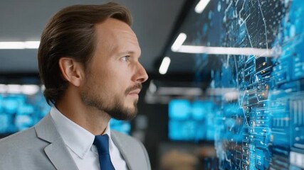 Tech Visionary at Work: A focused business professional stands before a vibrant display of data visualization, the innovative technology highlighting future trends.