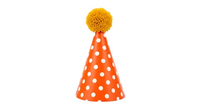Orange party hat with white polka dots and pom-pom isolated on transparent background