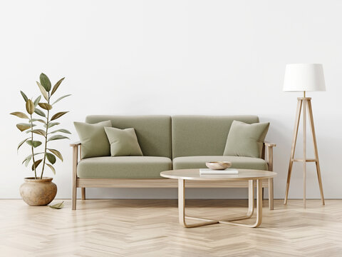 Living room interior with green sofa, indoor tree in pot, coffee table, standing lamp. Modern and comfortable home design. White and light empty interior wall background. 3D render.