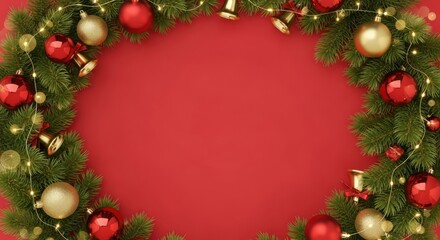 Christmas wreath with festive ornaments on red background