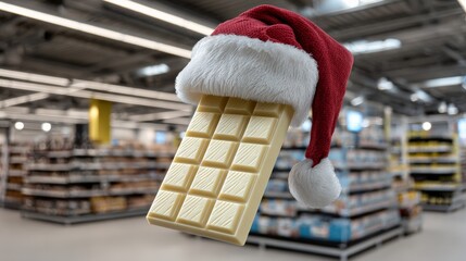 A white chocolate bar with a red hat on top of it. The image has a festive and playful mood, as it is a creative way to present a chocolate bar