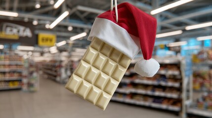 A white chocolate bar with a red hat on top of it. The image has a festive and cheerful mood