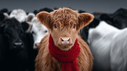 A young cow wearing a red scarf stands in front of a herd of cows. Concept of individuality and uniqueness, as the cow stands out from the rest of the herd. The red scarf adds a touch of warmth