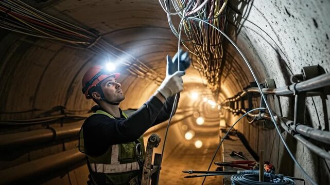 Electrician installing new wiring in a tunnel. Man working to secure and organize cable systems within an underground conduit.