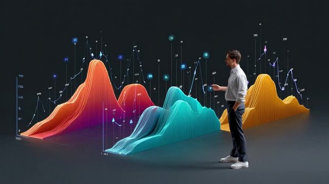 Data Analyst's Digital Realm: A person meticulously interacts with an animated array of vibrant data visualizations.