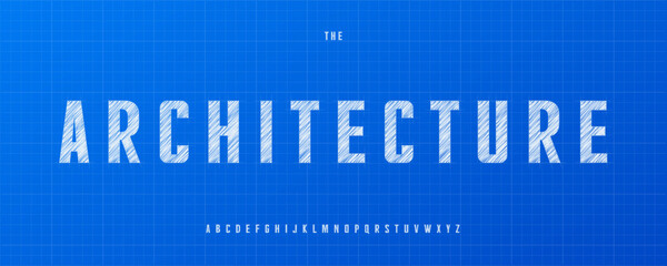 Naklejka na ściany i meble Architecture Font Logo Alphabet Vector Bold Condensed Letters Set Technical Blueprint Typography, Wireframe Typographic Title Text, Headline, Architect Fonts on Blue Grid Background. Vector Typeface