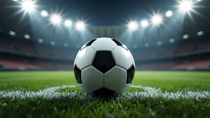 Fototapeta premium Soccer ball on goal-line turf—empty stadium and floodlights evoke anticipation, solitude, and the quiet tension before glory. 