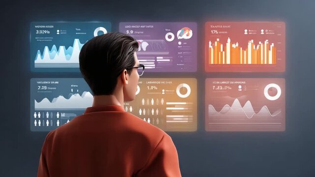Data Analyst: A person, immersed in a digital workspace, analyzes a series of intricate data visualizations displayed on a modern interface. A scene of tech-driven analysis.