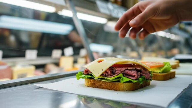 Man preparing meat and cheese sandwich with lettuce, for quick meal or snack in deli display case. - Powered by Adobe