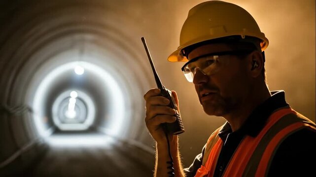 Caucasian man in hard hat and safety vest speaks into walkie talkie in a tunnel, construction worker communication