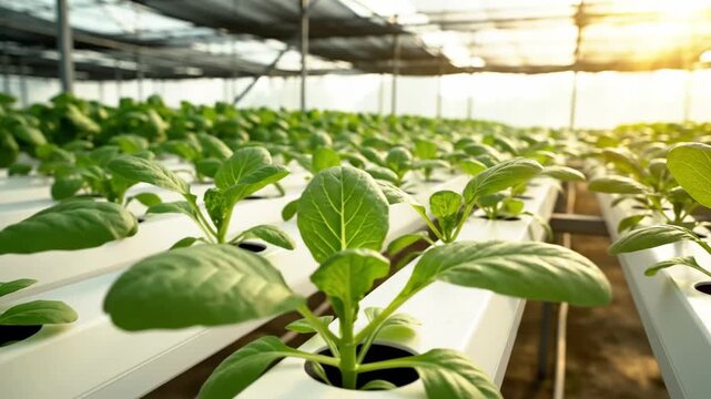 Close-up shot of a thriving hydroponic garden showcasing rows of healthy green plants growing in a controlled environment, 4K Video