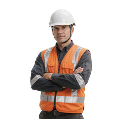 Construction worker stands with arms crossed in safety gear, ready to start project development at the construction site in the afternoon
