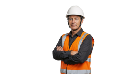 Construction worker stands in safety gear with crossed arms at a building site during daytime
