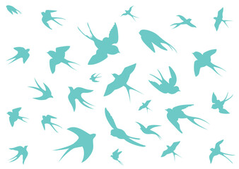 Swallow, martlet. Clear white sky, birds in a natural habitat. Barn swallow flying, wings spread. Hirundo rustica on white background. Wildlife. Tattoo design, watercolor art, set, wild animals, free