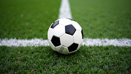 Fototapeta premium Soccer ball rests on crisp white line—green turf and perfect symmetry evoke readiness, focus, and the calm before action. 