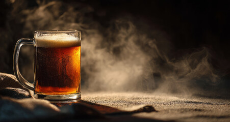 Amber beer frothy head glass mug dark background warm steam