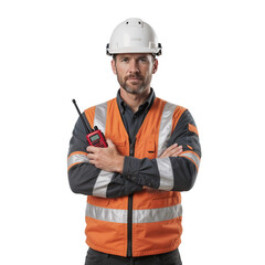 Worker in safety gear stands confidently with arms crossed at a construction site in the afternoon with a walkie-talkie in hand