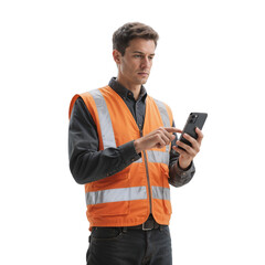 Worker in safety vest uses phone while standing in plain setting during daylight hours