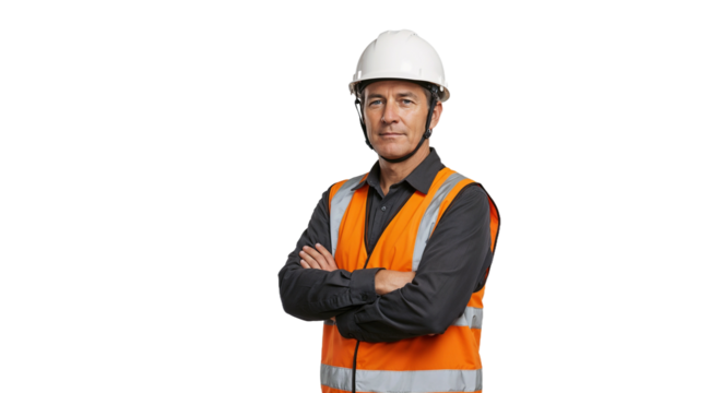 Construction worker stands in safety gear with crossed arms at a building site during daytime