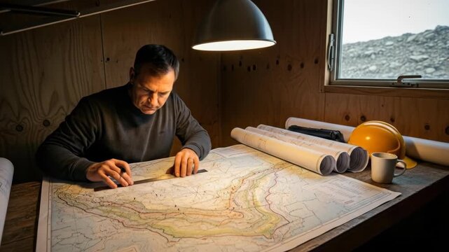 Caucasian man drawing on large scale map for planning with architectural blueprints under desk lamp illumination.