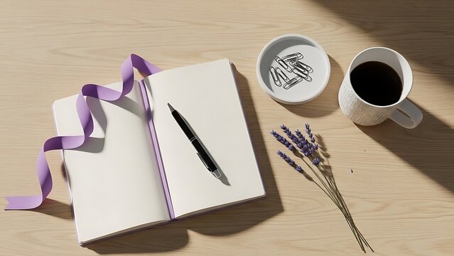 Open notebook with pen and lavender sprigs beside a cup of coffee - Powered by Adobe
