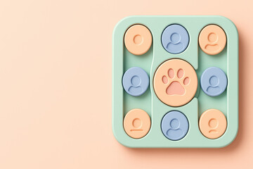 Interactive dog puzzle toy game for mental stimulation and enrichment. Fun feeder with paw print on pastel background