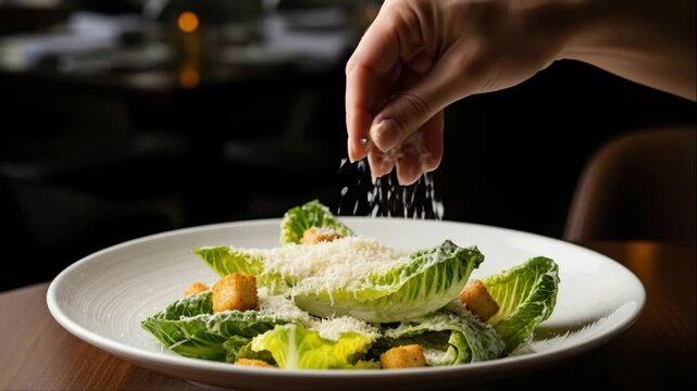 Woman sprinkling parmesan cheese over caesar salad with croutons. Cooking process, food preparation and healthy eating concept.