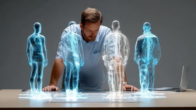 Future of Healthcare: A determined individual examines holographic human models, poised at the forefront of medical technology.