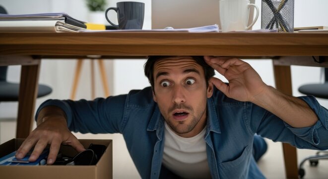 Man hiding under desk with surprised expression, looking for something.